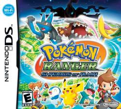 the box art for Pokémon Ranger: Shadows of Almia for the Nintendo DS. it features two young Pokémon rangers and their partner pokémon, Piplup, Pikachu, and Munchlax; the pokémon Lucario, Heatran, and Cresselia; and the silhoette of Darkrai. the background is an aerial view of Almia, the region the game takes place in